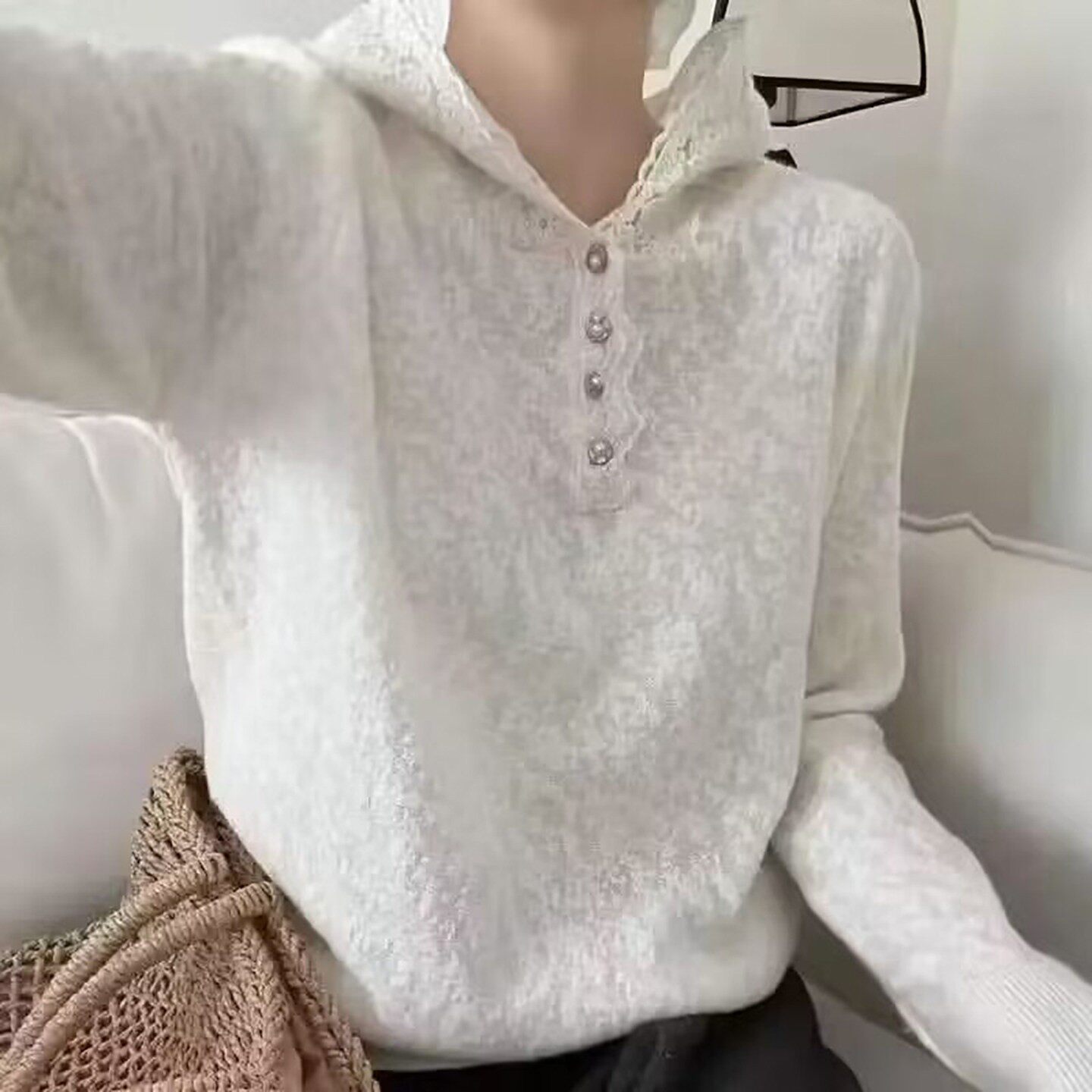 铂瑾甄选店女装高级感蕾丝连帽针织衫2026秋季款女士法式气质上a2