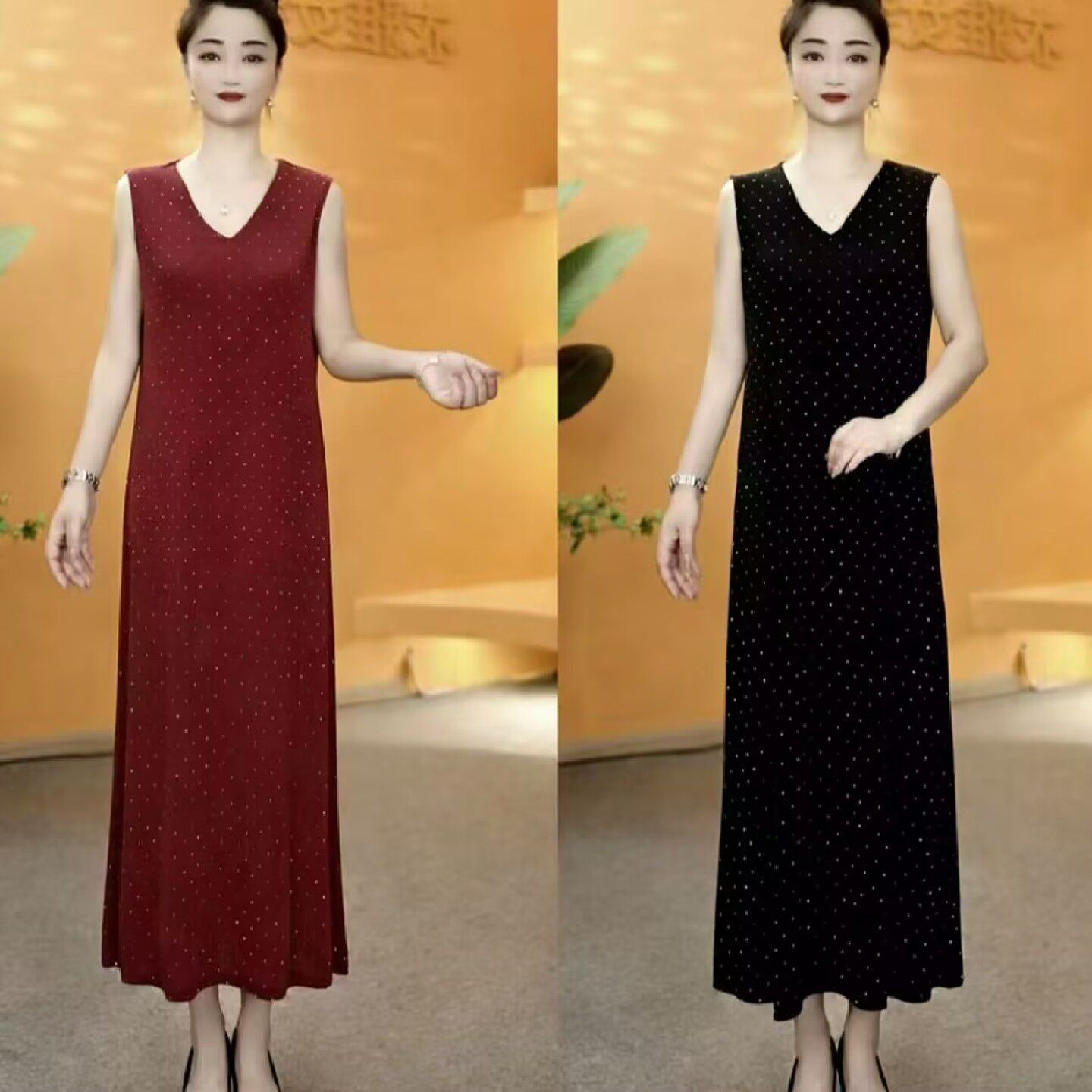亿积女装厂冰凉丝重工烫钻背心裙夏季女士无袖连衣裙气质显瘦裙a9