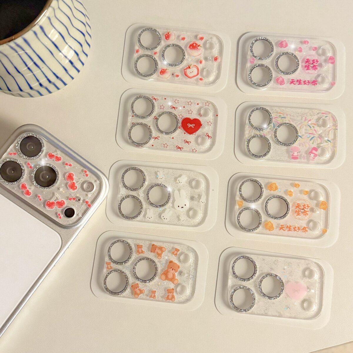 透明闪钻防爆一体镜头膜 九图组合适用于苹果17pro手机镜头膜潮流爆款16promax可爱卡通14pro手机镜头保护膜