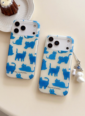 卡通可爱满屏蓝色小猫适用iphone16promax苹果15pr手机壳14新款13