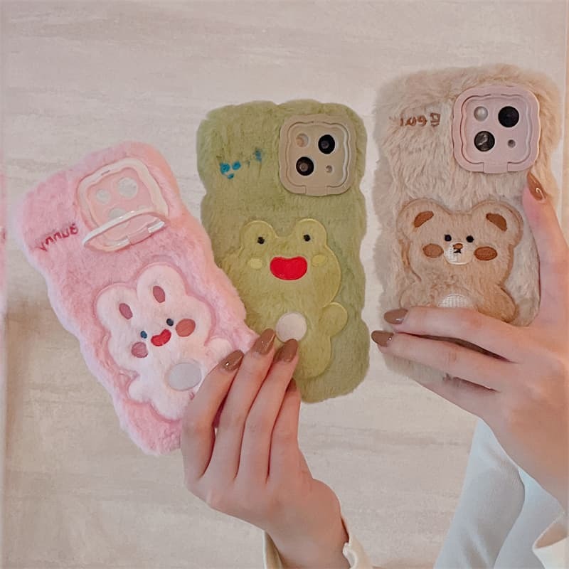 秋冬毛绒可按压兔子青蛙小熊适用苹果16promax手机壳16pro软壳15promax挂绳14/13防摔华为mate60pro软壳pura7