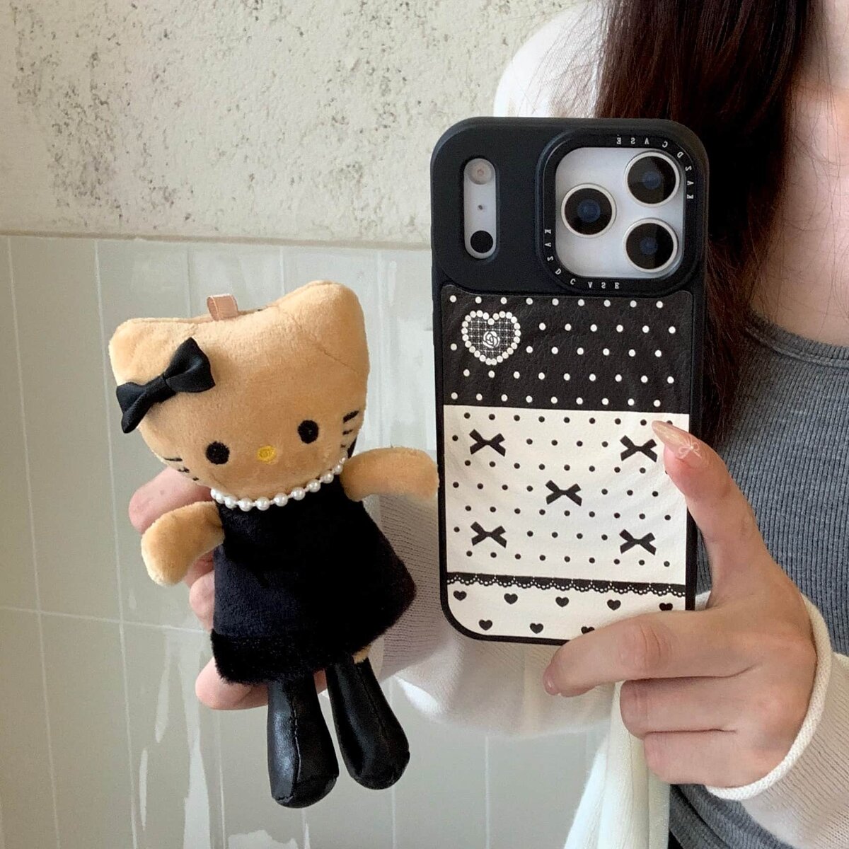 圈圈纹皮质磁吸 长腿毛绒kitty适用iPhone17挂绳iphone苹果15pro高级感16防摔可爱卡通13全包保护套