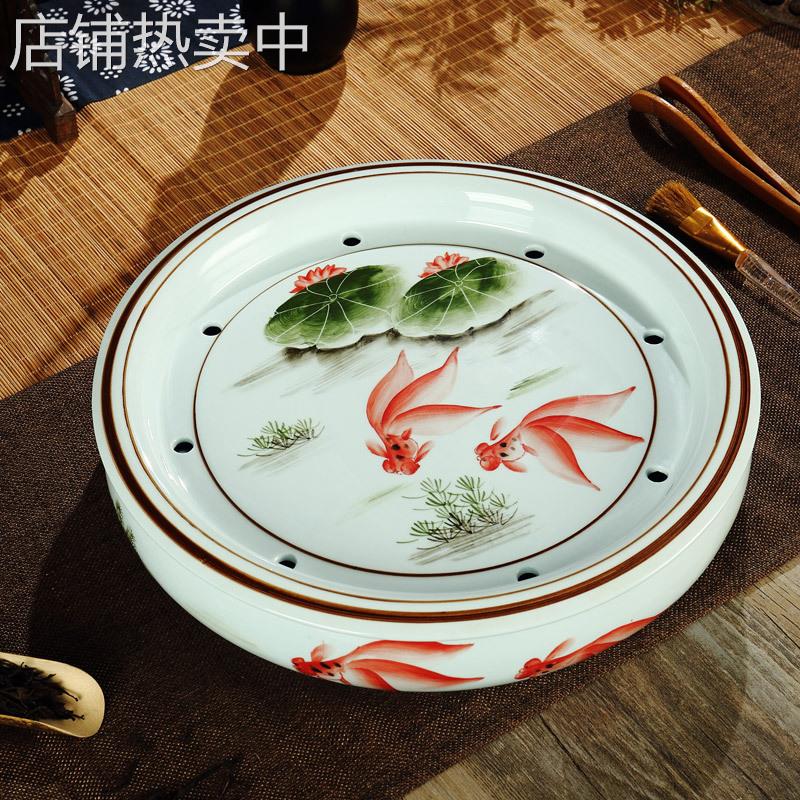 潮汕茶盘大号 潮州陶瓷圆形储水式托盘家用客厅 单茶台