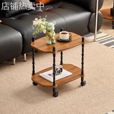 中古风移动小茶几推车式置物架落地客厅沙发边几方形边几家用带轮