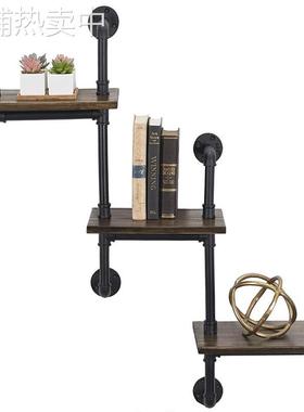 跨境砖供木壁梯浮动仿古黑色工业管道家用墙上支撑架多层置物架