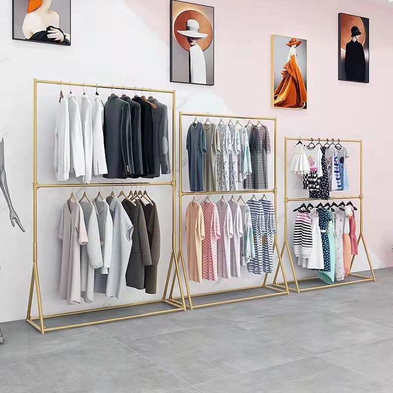 男女童装衣架可升降调节摄影楼专用挂衣服装店金色双层展示落地架