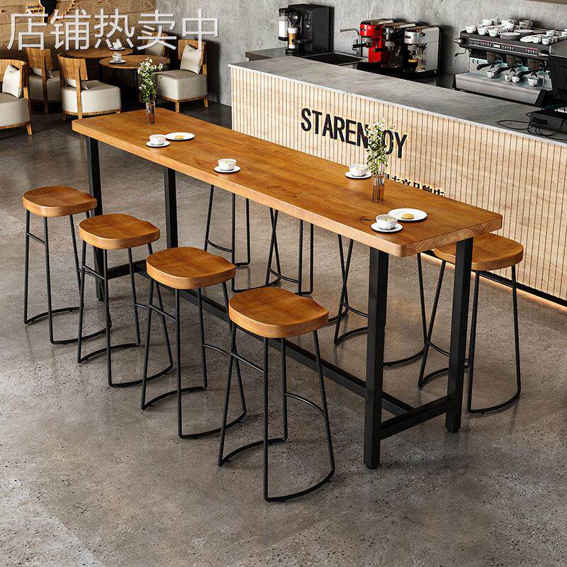 北欧铁艺实木脚吧台桌椅组合酒吧奶茶店咖啡厅脚桌椅复古吧桌