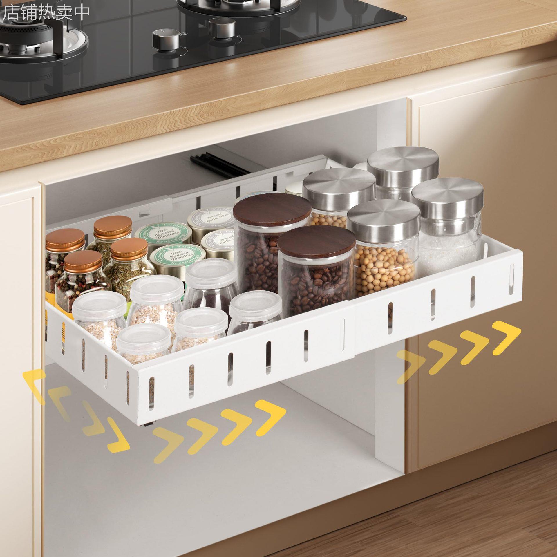 免打孔可伸缩橱柜拉篮抽拉式置物架下水槽抽屉碗篮厨房收纳架神器