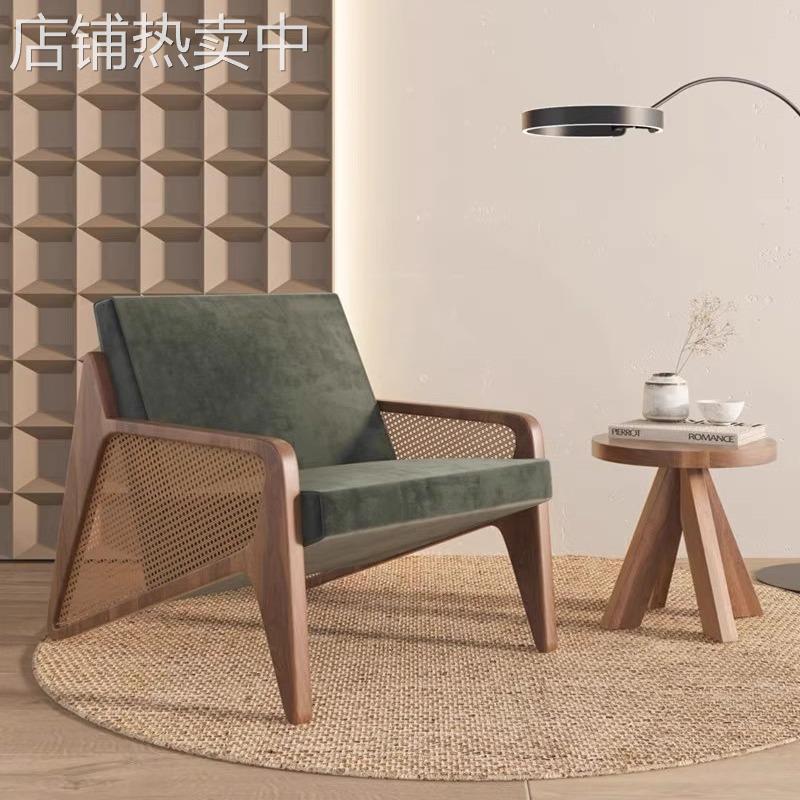 新中式白蜡木藤编单人沙发椅酒店民宿复古风设计实木休闲椅接待椅