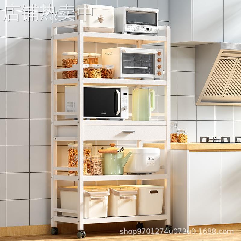 不锈钢厨房置物架落地多层微波炉带抽屉多功能储物收纳架分层货架