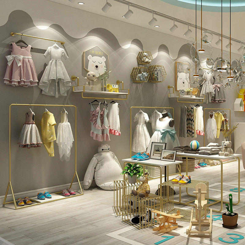 童装店展示架上墙壁挂式儿童服装店装修效果图设计落地式装饰货架