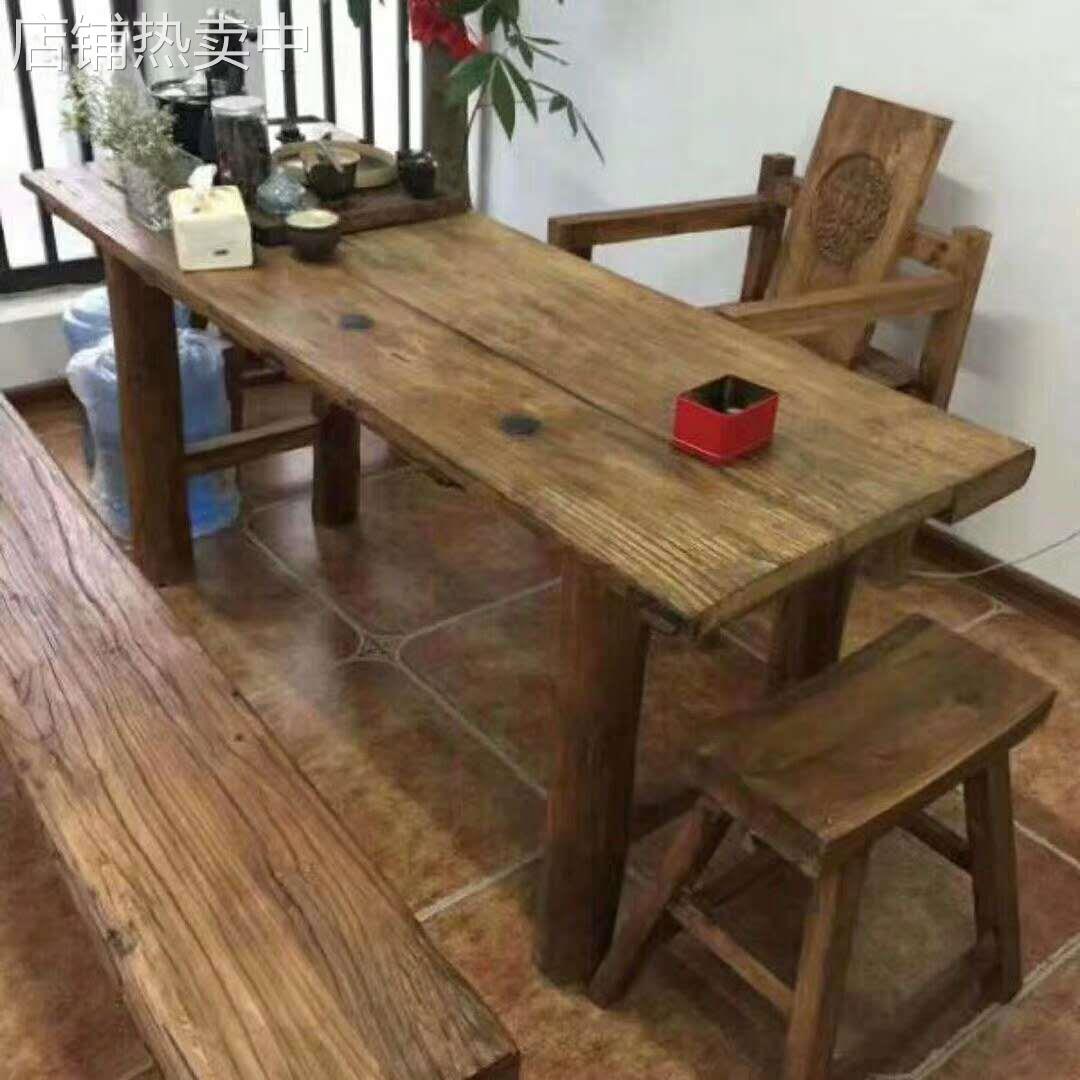 老榆木板吧台板民俗茶台茶桌风化旧门板原木厚面板老木桌桌椅