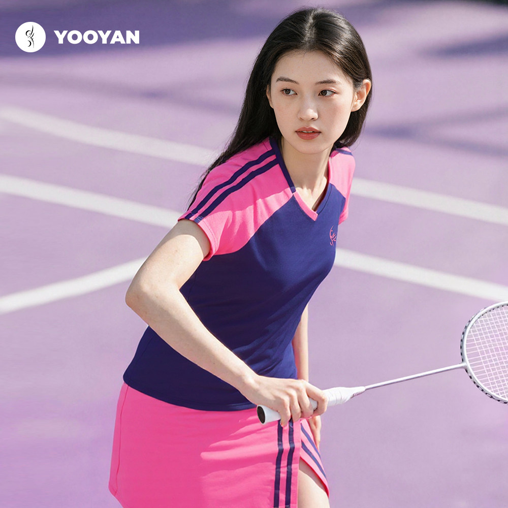 羽盐【藏青复古撞色羽球服】网球服女速干透气短袖运动A字裙新款