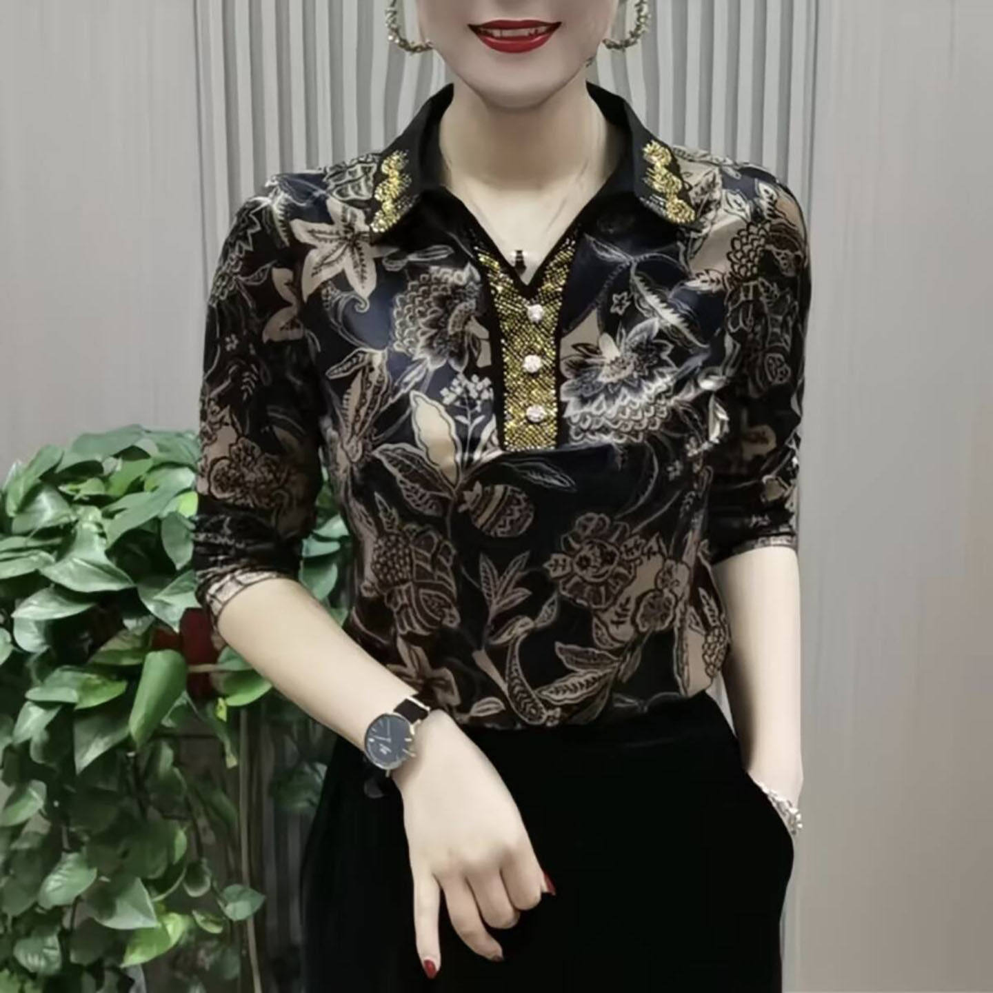馍岸女装烫钻丝绒洋气小衫女士翻领气质打底衫2026新款显瘦衬衫a4