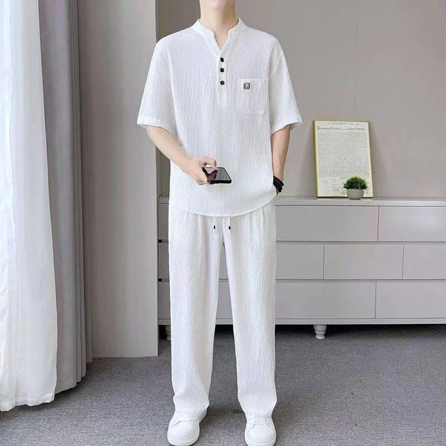 点击率服饰中式休闲套装男士V领宽松茶服薄款皱感弹力长裤两件a2