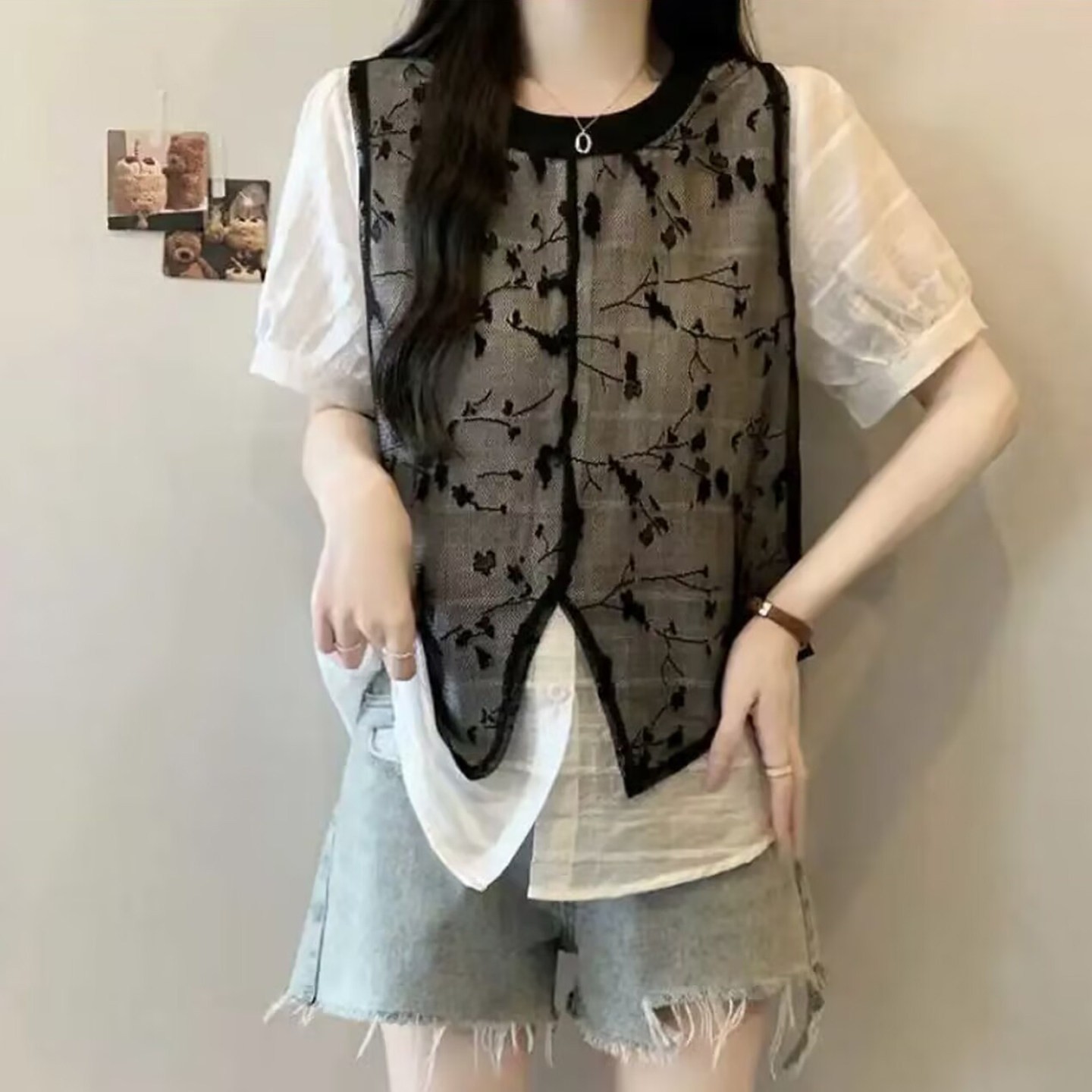 路途臻选女装轻奢提花假两件马甲夏季女士款短袖衬衫宽松显瘦上a1