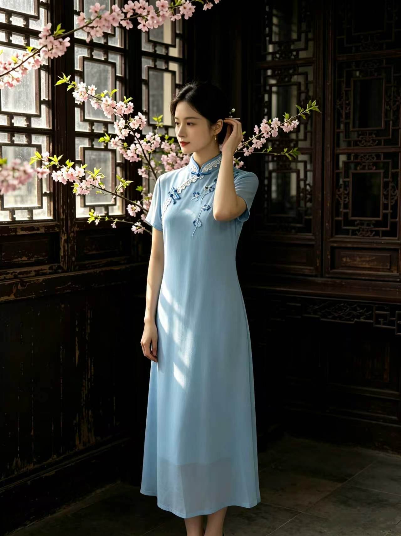 蓝底梅花刺绣开襟国风显瘦改良夏季遮肉旗袍裙女款气质中式连衣裙