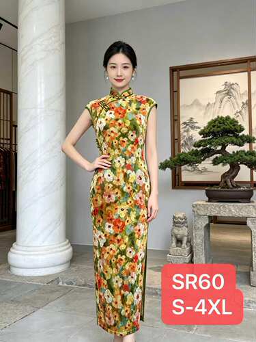 26橙花油画新款手工长款旗袍新中式钻石绒遮肚子显瘦气质日常国风