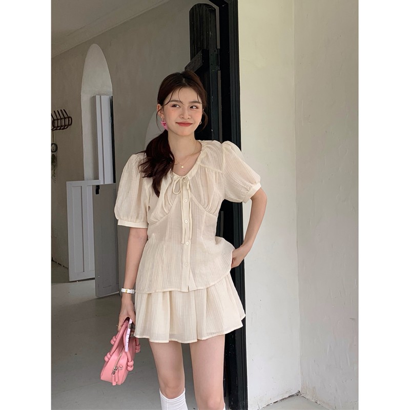 桃桃泡泡 多巴胺少女- 有点甜的白色衬衫女裙裤套装2023夏季新款