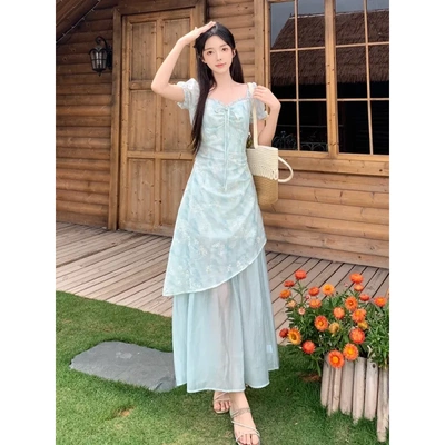 甜美胖MM短袖方领碎花连衣裙女夏季新款大码A字裙收腰显瘦长裙子