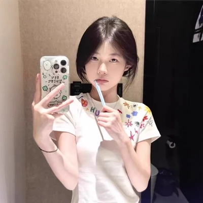 美式辣妹创意卡通正肩纯棉短袖t恤女夏季国潮牌修身显瘦短款上衣