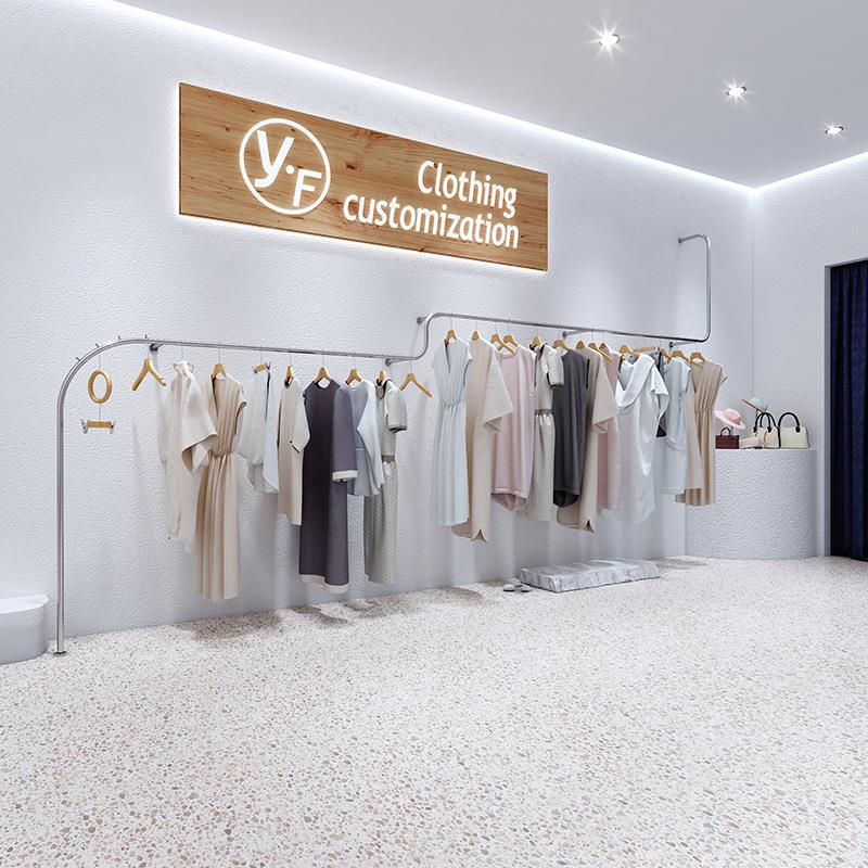 服装店挂衣杆创意陈列不锈钢银色衣服架女装货架落地式上墙展示架
