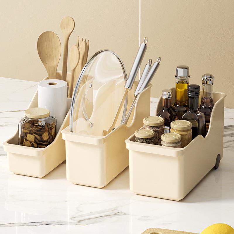 厨房收纳盒橱柜衣柜桌面收纳带滑轮塑料多功能柜子锅盖调料置物架