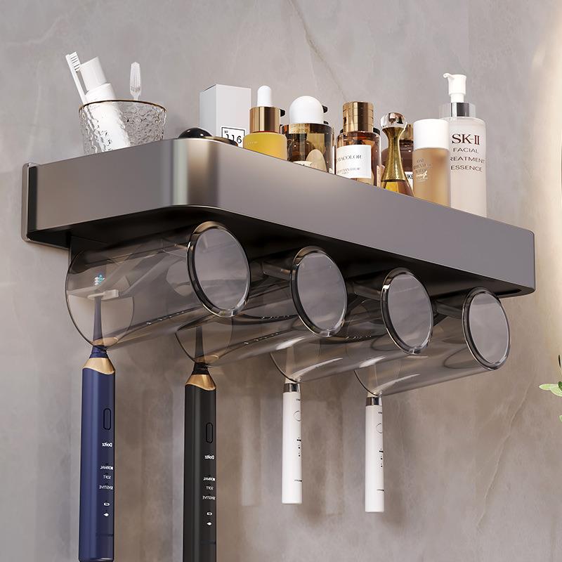 牙刷置物架免打孔枪灰卫生间漱口杯刷牙杯收纳壁挂式电动牙刷架子