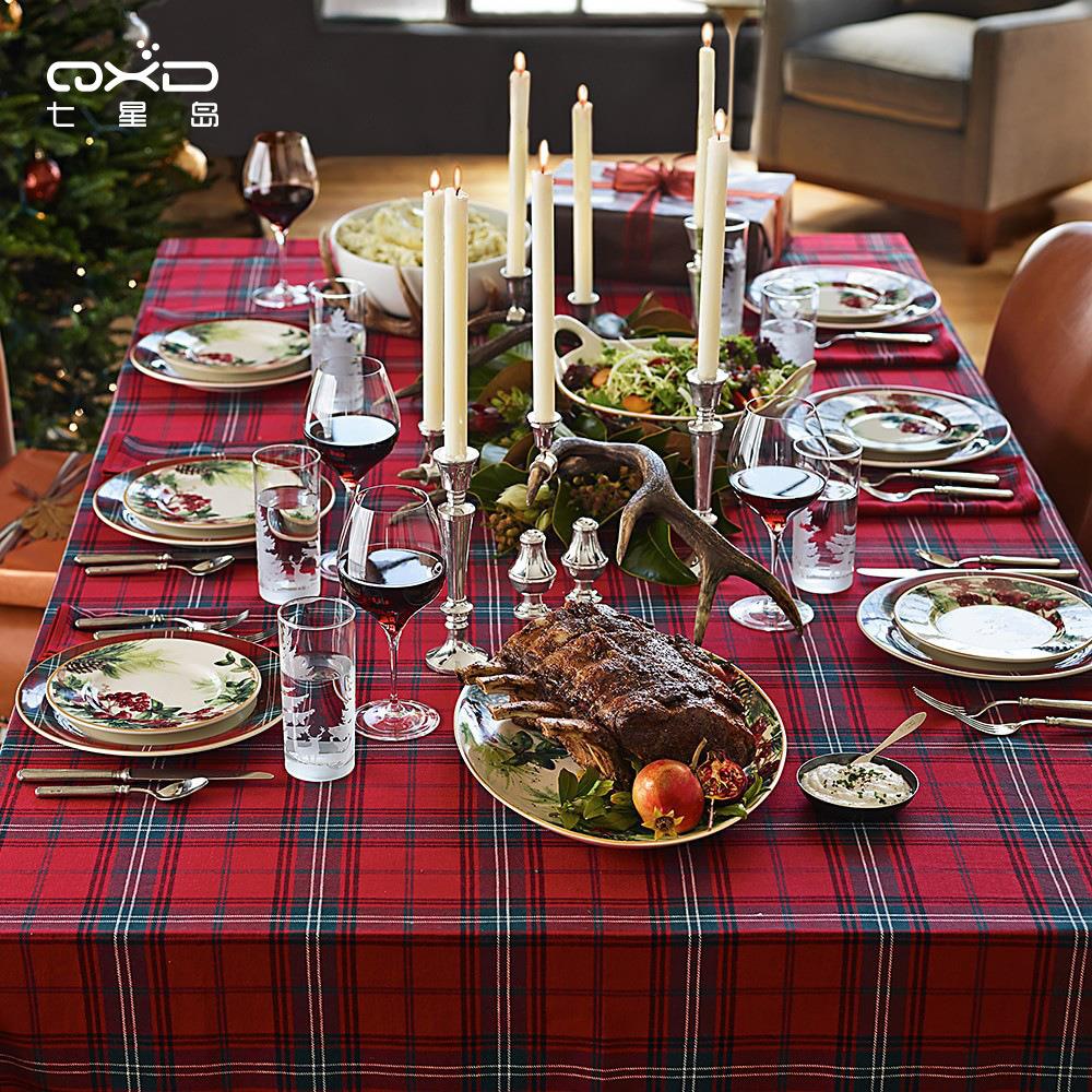 新款棉麻布艺圣诞桌布北欧涤棉复古红格子桌布新年桌布节日餐桌布