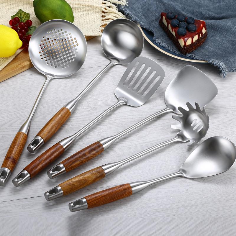 厨房用具304不锈钢花梨木锅铲 加厚家用烹饪汤勺漏勺煎铲炒菜铲子