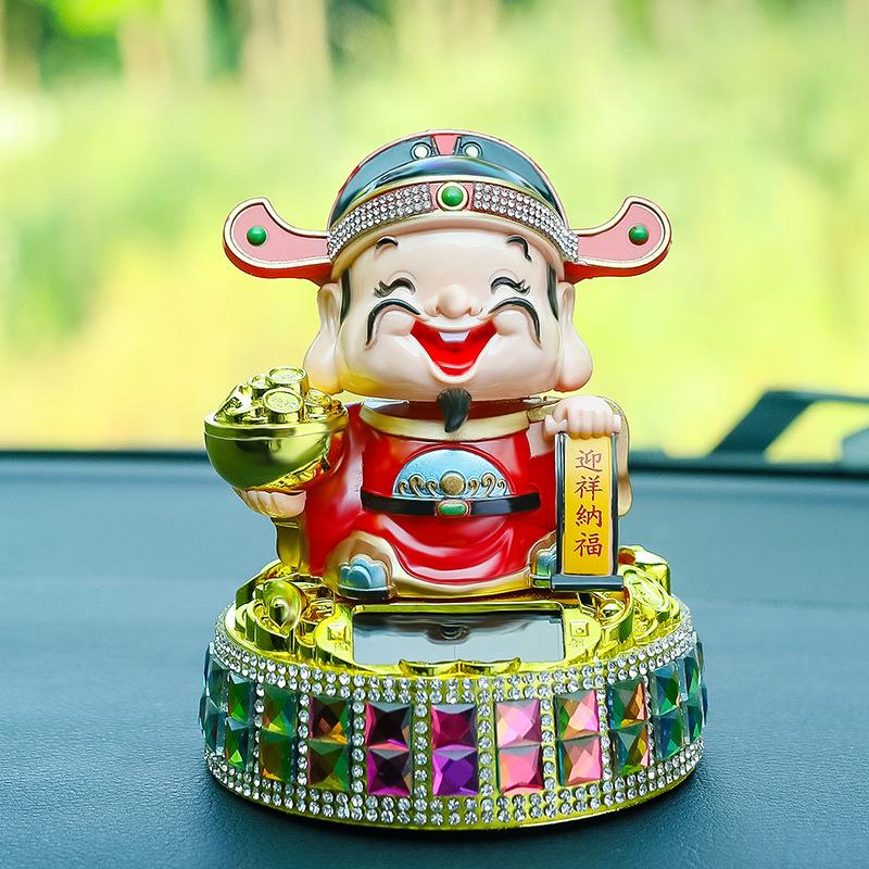 创意镶钻太阳能摇头财神汽车摆件车内饰品太阳能点头财神居家摆件