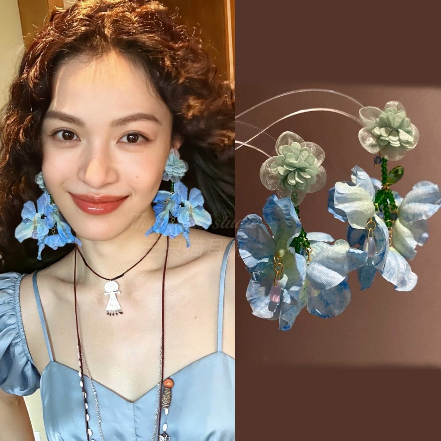 钟楚曦同款耳环蓝色布艺花朵流苏耳钉新款云南旅游度假耳饰耳夹女