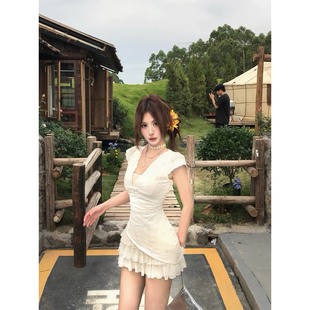 收腰裙子蕾丝 Mejiu蜜九蕾丝泡沫假两件甜美纯欲连衣裙女夏季