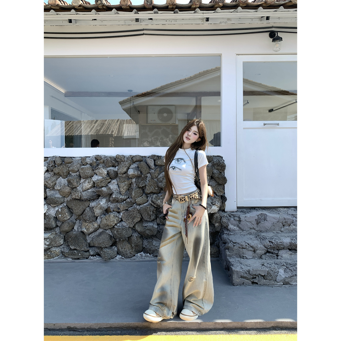 美式复古炸街破洞扎染高腰阔腿牛仔裤套装女辣妹短袖T恤两件套潮