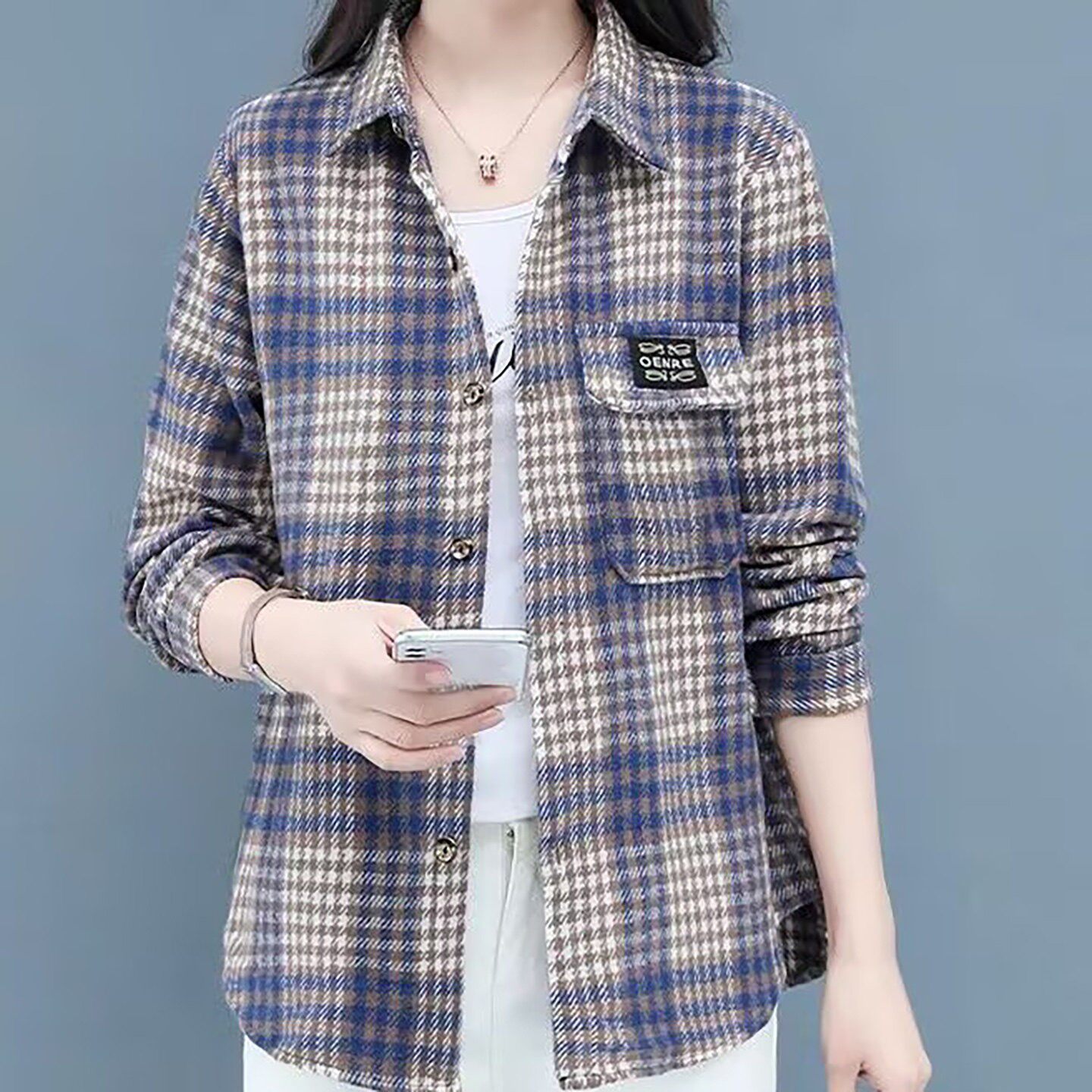 名佳怡女装软毛呢格子中长款衬衫春秋女士休闲百搭大码长袖外套a9