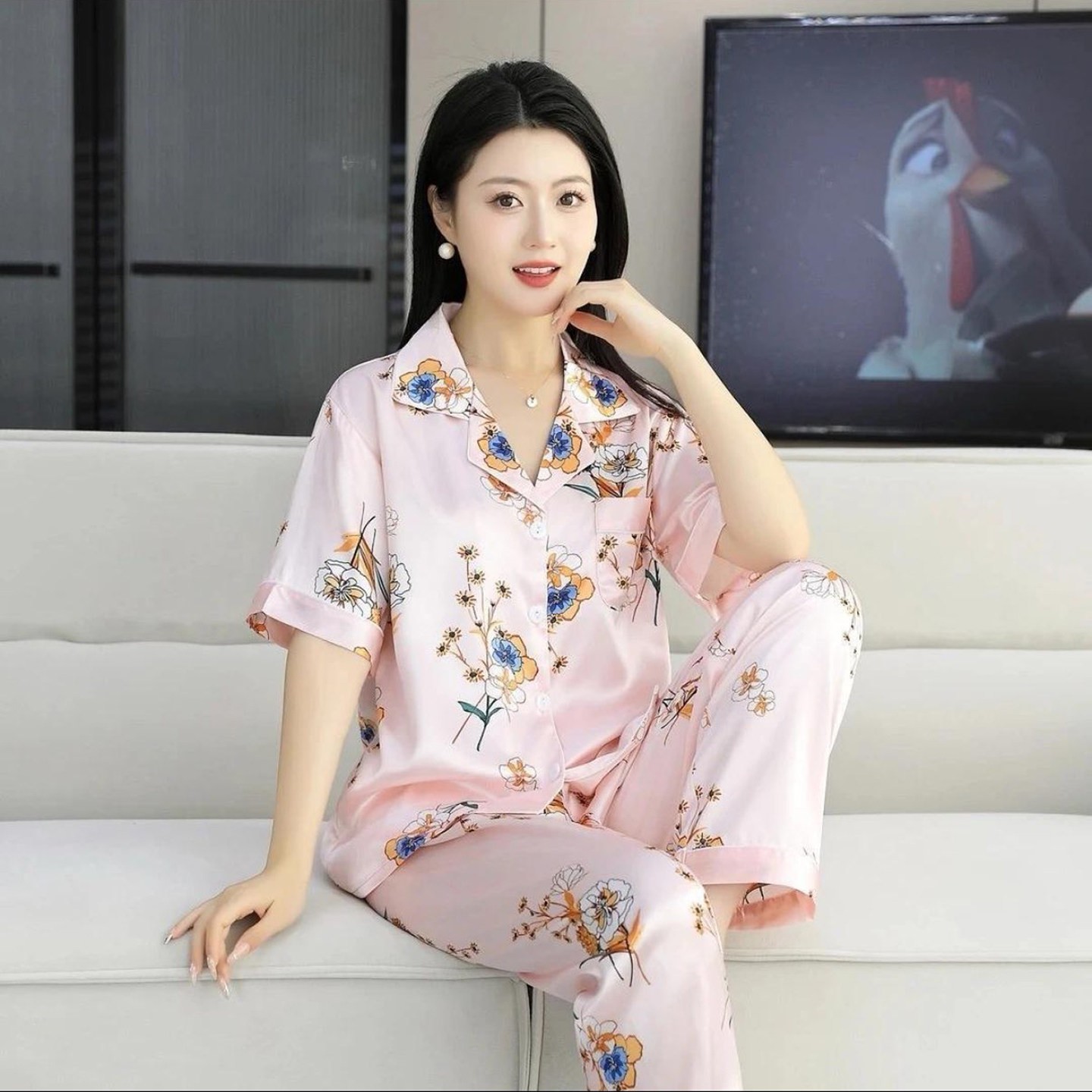 瑜筱女装高档冰丝睡衣套装2026夏季女士宽松透气短袖短长裤两件a7
