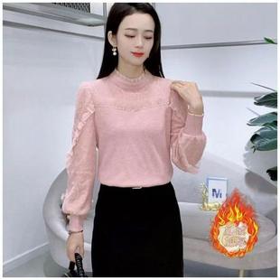 秋冬女士半高领长袖 蕾丝拼接打底衫 法式 T恤洋气百搭a04 欧关女装