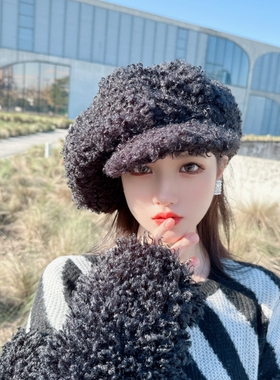 黑色羊毛卷鸭舌贝雷帽 CREAMPP 原创经典秋冬百搭蓬松柔软鸭舌帽