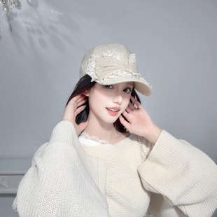 CREAMPP 蝴蝶结质雅百搭鸭舌帽 原创日系甜美蕾丝亚麻硬顶棒球帽