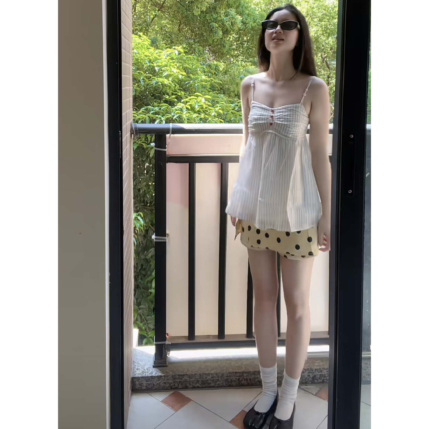 法式复古气质甜妹两件套条纹纽扣宽松吊带背心波点印花半身裙裙裤