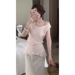 韩系气质简约夏季 上衣高腰垂感雪纺长裙 两件套粉色荡领一字肩短袖