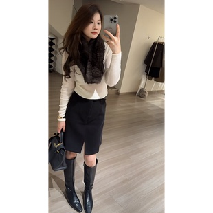 韩系气质简约黑色高腰开叉半身裙气质百搭显瘦小众通勤直筒中裙