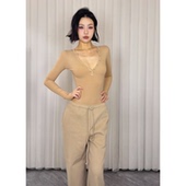 美式 复古辣妹半开领纽扣长袖 连体上衣收腰紧身弹力性感小众T恤女