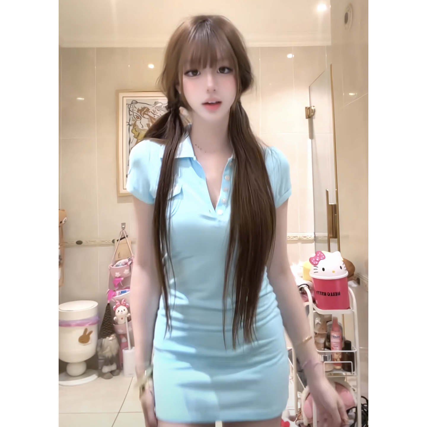 纯欲风辣妹设计感翻领口袋短袖连衣裙收腰修身显身材包臀裙短裙女