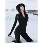 瑜伽健身美式 女 长裤 辣妹黑色超显瘦前前拉链长袖 连体衣显身材修身