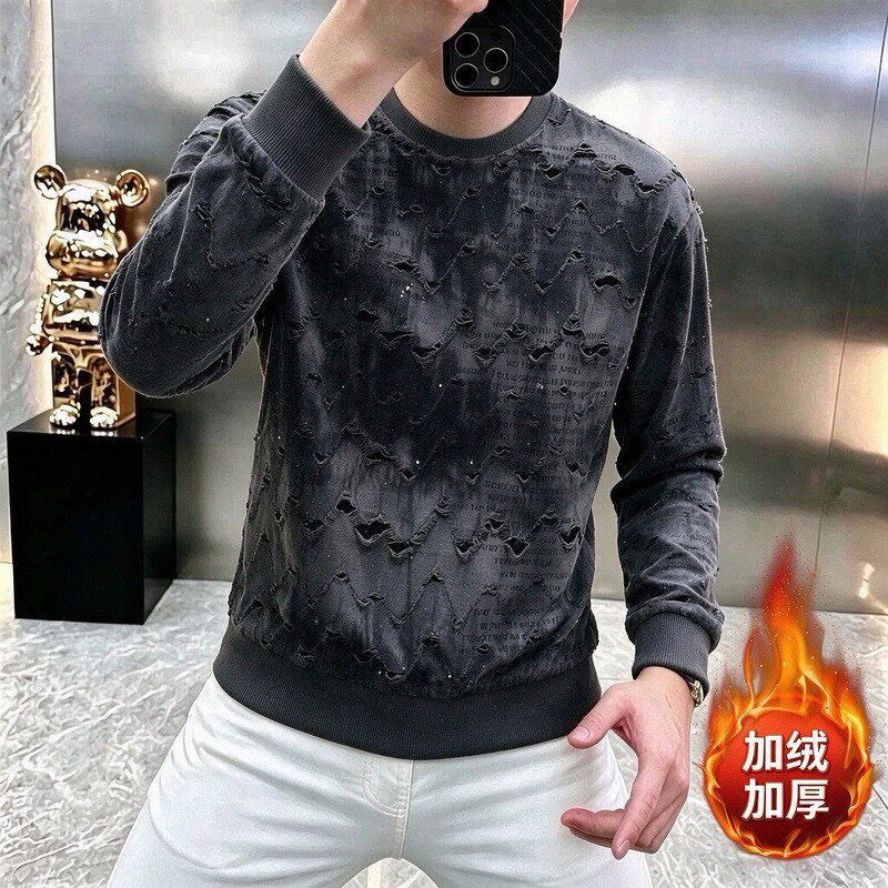 潮流男装新款大码加绒卫衣套装亮片破洞加厚长袖休闲印花潮牌上a6