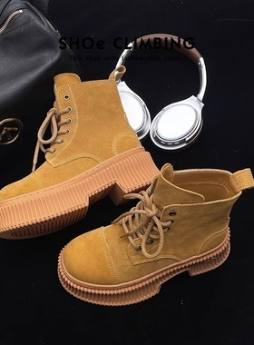 「鞋登」黄色厚底马丁靴女款2025秋冬新款吴宣仪同款真皮沙漠短靴