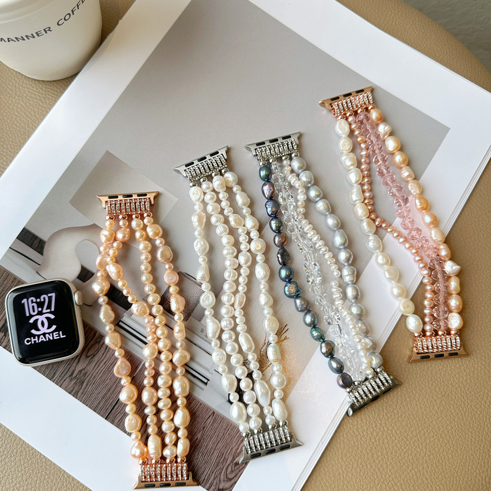 新款小香风仿珍珠表带适用apple watchS11/S10表带iwatch9苹果手表se2/8/7/6/5/41/45mm46金属高级淡水不规则