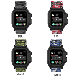 适用苹果手表表带6代iwatchSE/5/4/3/2保护套防水壳一体表带迷彩保护壳applewatch9改装表带高端创意41mm45mm