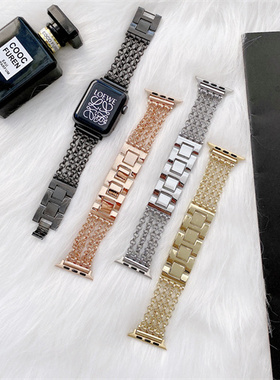 iwatch7代苹果手表表带applewatch6/5/4/3/2/1代se镶钻小香风高级感applewatchse带钻iwatchse女s6金属41mm45